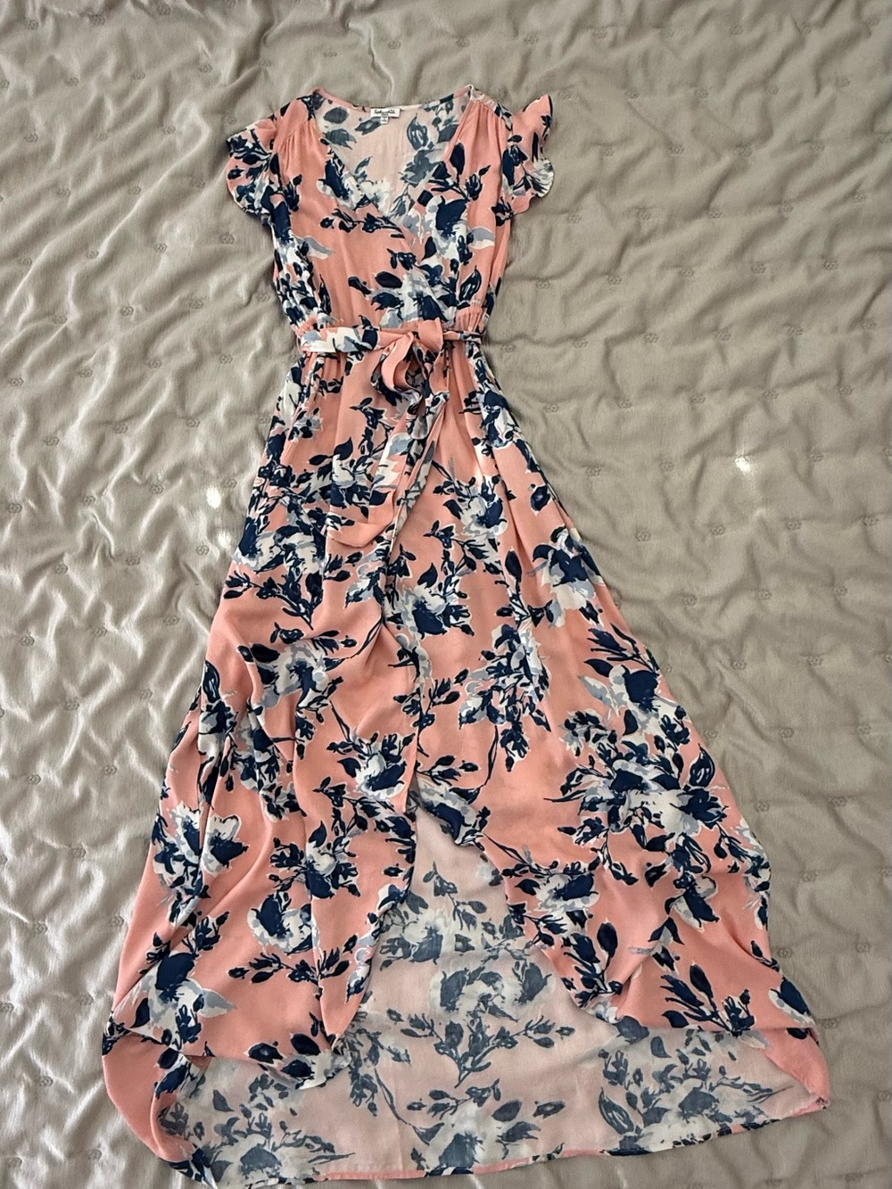 Splendid  Floral Wrap Maxi Dress Flutter Sleeve Tie Waist Pink Blue Size S